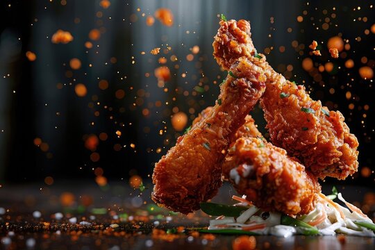 Delicious, crispy fried chicken drumsticks perfectly cooked and beautifully presented with garnish, sprinkled with seasoning in motion.
