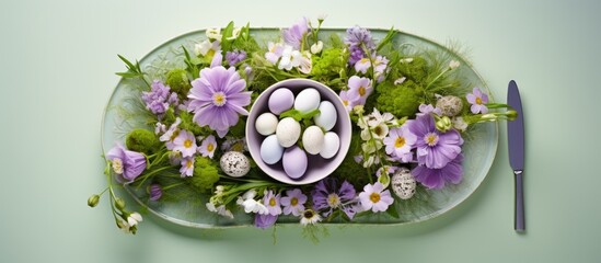 Poster - Top-down view of a Easter table arrangement featuring a green dish, purple flowers, Easter eggs, all set against a soft lilac backdrop with copy space image.