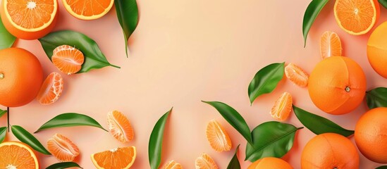 Aufkleber - Summer decoration background with a seamless pattern of orange fruit against a colored backdrop and a spacious area for additional elements; a copy space image.