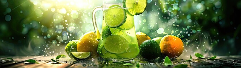 Refreshing summer drink with lime and lemon slices in a glass jar on a wooden table with green nature background and sunlight.