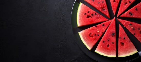 Aufkleber - Top-view composition of watermelon slices on a black plate against a concrete backdrop with summer shadows, providing an area for additional content.
