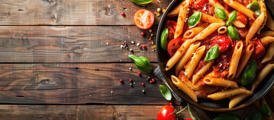 Wall Mural - Italian penne pasta in a flavorful tomato sauce with assorted vegetables, presented on a rustic wooden backdrop, with room for text in the image. with copy space image