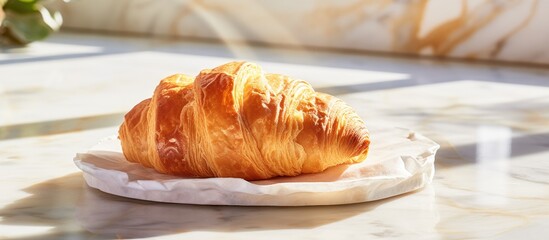 Aufkleber - A white plate displaying a freshly baked croissant on a marble floor, basking in morning sunlight with shadows projecting. Background of food with texture, ideal for copy space image.