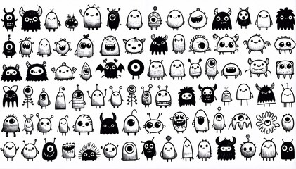 Big collection of black and whie line art cartoon monsters with different features and expressions drawing