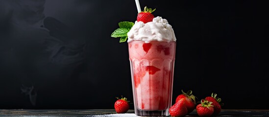 Poster - Frozen creamy cocktail with whipped ice cream, rhubarb, and sliced strawberries for a strawberry rhubarb milkshake copy space image.