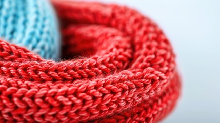 Close-up image of red and blue knitted fabric showing detailed patterns and textures in a cozy and colorful design.