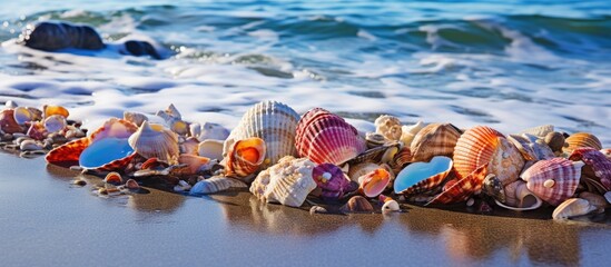 Poster - Vibrantly colored seashells displayed on big coastal rocks with splashing waves, ideal for a copy space image.