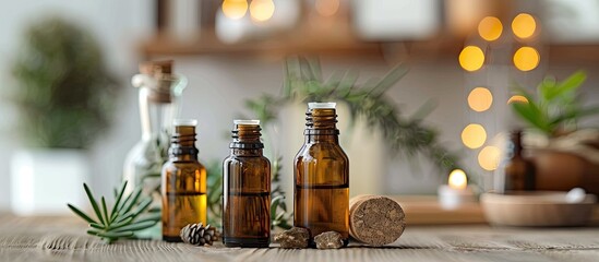 Poster - Small bottles of essential oils used for herbal medicine displayed on the table with copy space image.