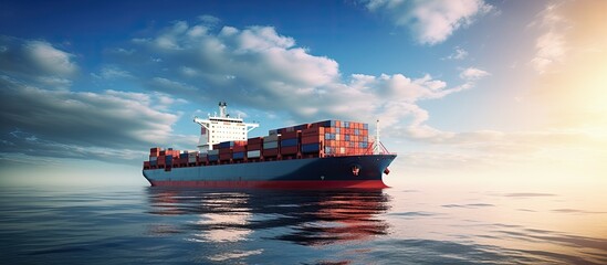 Wall Mural - Aerial view of a cargo ship at sea with containers, ideal for import-export logistics, featuring copy space for text or design.
