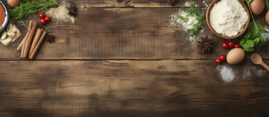 Aufkleber - Rustic wooden table with a baking border, a rolling pin, fresh ingredients in bowls, and a copy space image in an overhead view.