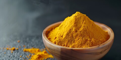 Poster - Vibrant Turmeric Powder in a Wooden Bowl Ideal for Culinary Uses. Concept Golden Turmeric, Healing Spices, Healthy Cooking, Wooden Bowl, Culinary Ingredients