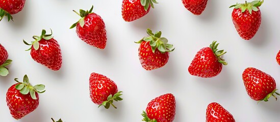 Poster - Top-down view of isolated strawberries on a white background with a blank area for text in the image. Suitable for flat lay patterns. with copy space image. Place for adding text or design
