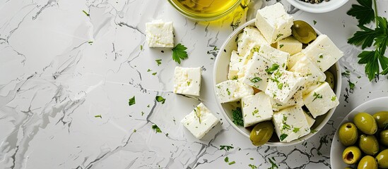 Poster - Feta cheese with olives and green herbs on gray marble background. Copy space image. Place for adding text or design