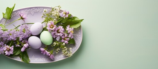 Poster - Top-down view of a Easter table arrangement featuring a green dish, purple flowers, Easter eggs, all set against a soft lilac backdrop with copy space image.