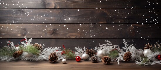 Sticker - Festive Christmas backdrop featuring garland, snow, and decorations on a wooden table with a Christmas tree branch, creating an ideal copy space image.