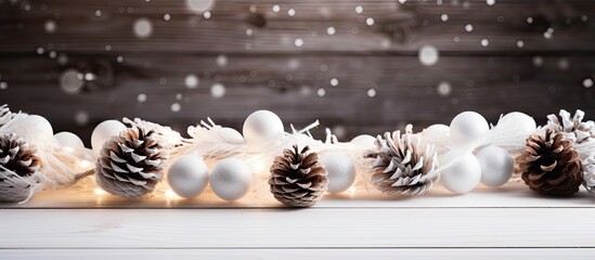 Aufkleber - White wooden table decorated with pine cones, creating a pure Christmas ambiance with copy space image.