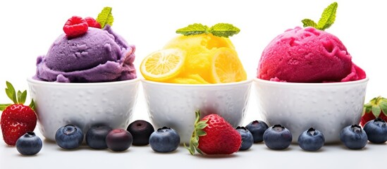 Aufkleber - A trio of fruity ice creams and berries against a white backdrop with copy space image, including lemon, mango, and blueberries - a nutritious frozen treat for summer.