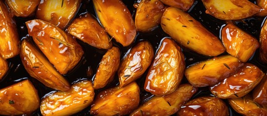 Poster - Bird's eye view of honey-glazed potatoes with a blank area for text or images. with copy space image. Place for adding text or design