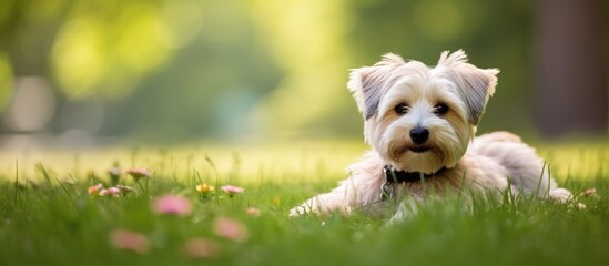 Poster - Adorable furry canine on lush grass at the park with room for copy space image.
