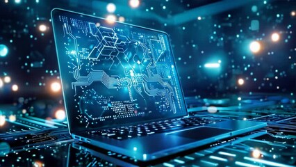 Animation of laptop with glowing particles.
