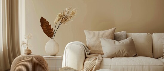 Wall Mural - Beige-themed living room interior design featuring a beige sofa, leaf-filled vase on a side table, pouf, elegant accessories, and a boucle rug, against a beige wall with room for text or image