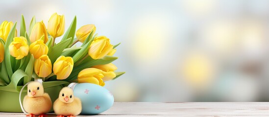 Poster - Yellow tulip bouquet with toy chicken Easter eggs, tied with a blue ribbon on a vintage white wooden table background, perfect for Easter celebrations. Ideal for a copy space image.