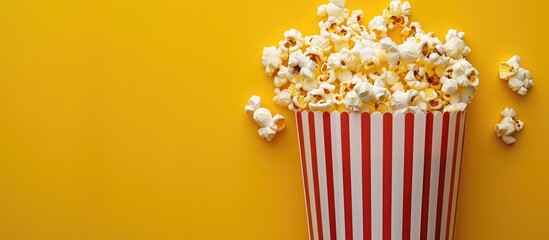 Aufkleber - Top view of a striped paper cup filled with popcorn on a yellow backdrop, offering ample copy space image.