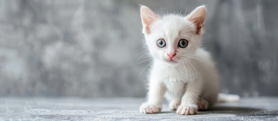 Poster - White kitten with large eyes, portrait on gray backdrop with ample copy space image.