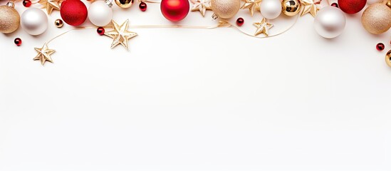 Poster - Top view of a Christmas-themed background featuring ornaments and decorations on a white backdrop, allowing for text placement within the copy space image.