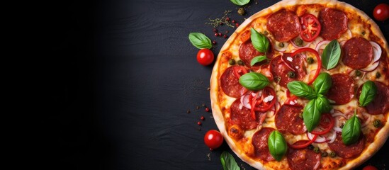 Poster - A delicious pepperoni pizza with fresh ingredients like tomatoes and basil displayed on a dark concrete surface. Overhead shot of the hot pizza with room for text in the image. with copy space image
