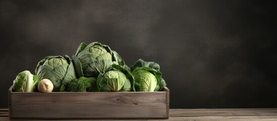 Poster - A wooden box filled with fresh cabbages rests on a grey table, providing a rustic and natural aesthetic in the copy space image.