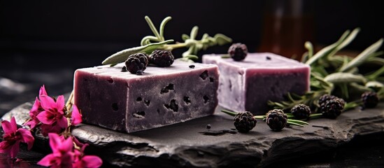 Aufkleber - Handmade organic soap bars with charcoal on a bright background, accompanied by blackcurrant sorbet, with focused elements and room for additional text or images.