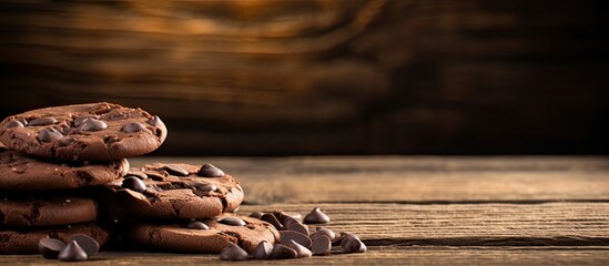 Leinwandbilder - Chocolate bean biscuit on wooden plank background with copy space image at focus.
