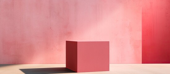 Aufkleber - Sunlight illuminates a concrete cube podium with shadow on a pink background, creating a minimalistic abstract shopping sales concept for cosmetic beauty brands products mock up, with copy space
