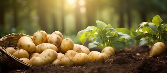 Aufkleber - Harvesting potatoes in the garden with selective focus on nature, creating a serene copy space image.