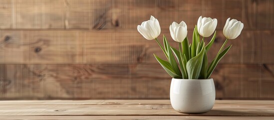 Aufkleber - Two white tulips in the pot on wooden table. with copy space image. Place for adding text or design