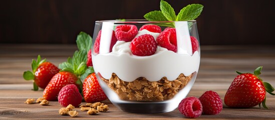 Poster - Glass of diet yogurt with granola, fresh berries, and strawberry slices on a wooden table with a spacious area for additional content or text.