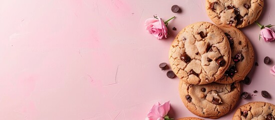 Fototapete - cookie with pastel background and chocolate moronitas. with copy space image. Place for adding text or design