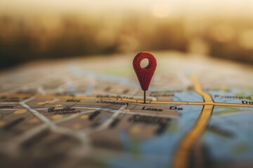 Aufkleber - A close-up shot of a red location pin placed on a detailed city map. The background is blurred, creating a minimalist and clean aesthetic. Generative AI