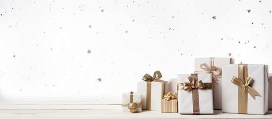 Poster - White wooden background with gift boxes and ample space for writing your message, including a large copy space image.