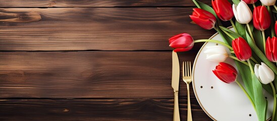 Aufkleber - Table set for a celebration with elegant white plates and gold cutlery next to white and red tulips on a wooden backdrop, with a focused shot, offering room for text in the image