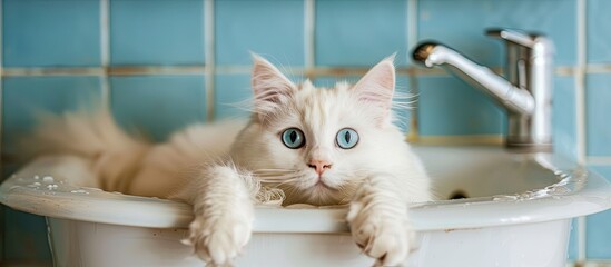 Poster - White cat lies in the sink in the bathroom. with copy space image. Place for adding text or design