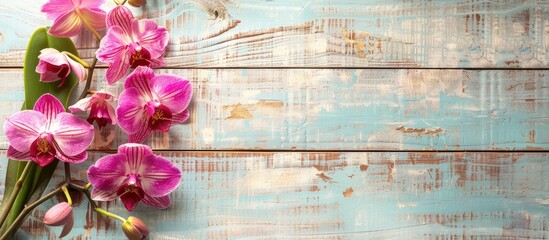 Aufkleber - A blossoming orchid set against a bright, wooden backdrop with copy space image.