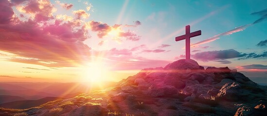 Poster - Shining cross on Calvary hill, sunrise, sunset sky background. Copy space. Ascension day concept. Christian Easter. Faith in Jesus Christ. Christianity. Church worship, salvation concept. Gate to