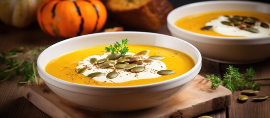 Aufkleber - A white plate holds homemade pumpkin soup topped with cream and seeds on a brown rustic wooden surface, perfect for showcasing with copy space image.