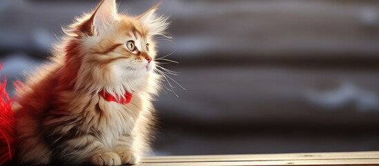 Poster - A Siberian cat kitten with a red coat is elegantly perched on a wooden deck, gazing upwards, creating a picturesque scene with a blank background for text or design (copy space image).