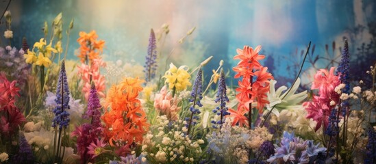 Poster - Spring blooms in vibrant hues decorate the garden, set against a blurred backdrop ideal for a copy space image.