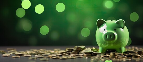 Poster - Green bokeh background with a piggy bank filled with coins, ideal for a banner, starring a copy space image.