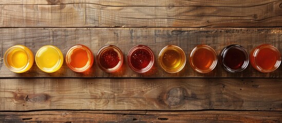 Aufkleber - Top view of jars displaying various types of honey on a wooden surface, creating a mockup design with copy space image.