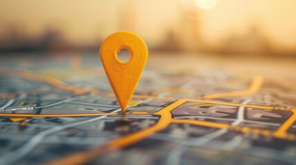 Aufkleber - A yellow location pin sits on a detailed city map, highlighting the center of the image. The background is blurred, creating a clean and modern look. Generative AI